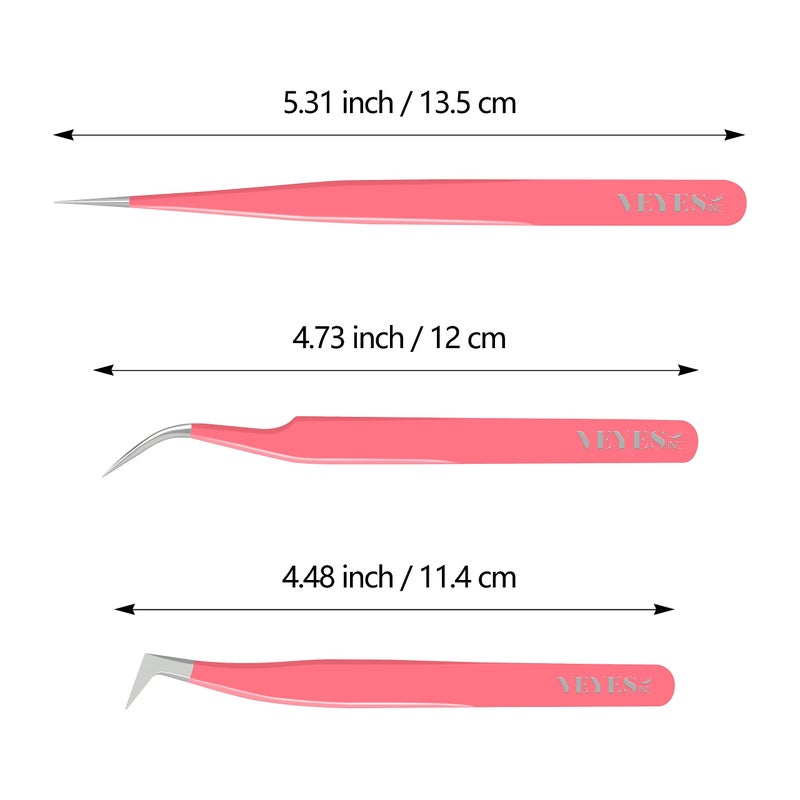 VEYES INC Lash Tweezers for Eyelash Extensions,High Precision Tweezers Kit Contains Isolation,Curved and Volume Lash Tweezers (3pcs) Pink - Image 2