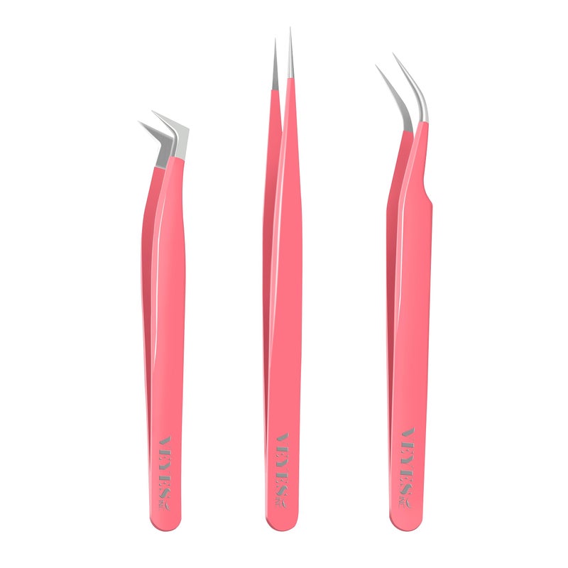 VEYES INC Lash Tweezers for Eyelash Extensions,High Precision Tweezers Kit Contains Isolation,Curved and Volume Lash Tweezers (3pcs) Pink - Image 1