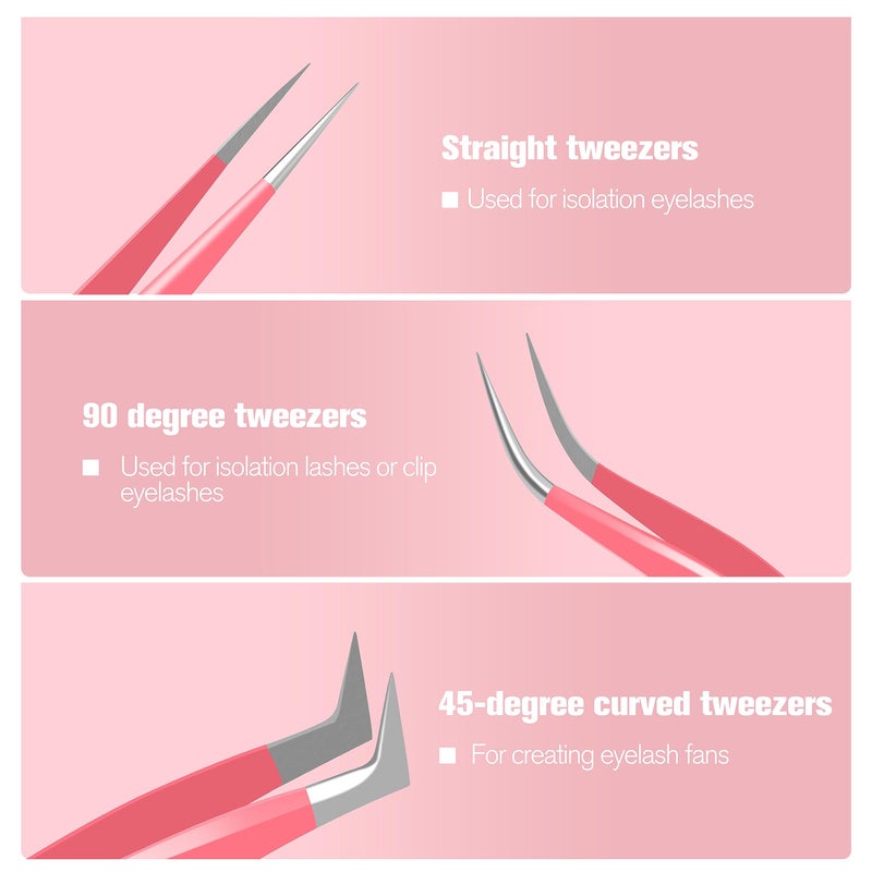 VEYES INC Lash Tweezers for Eyelash Extensions,High Precision Tweezers Kit Contains Isolation,Curved and Volume Lash Tweezers (3pcs) Pink - Image 4