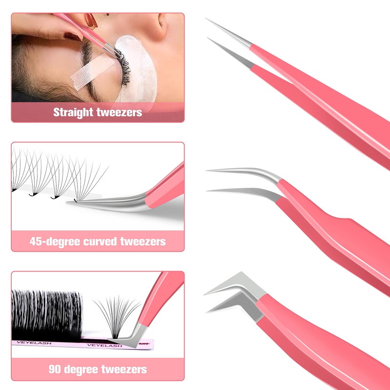 VEYES INC Lash Tweezers for Eyelash Extensions,High Precision Tweezers Kit Contains Isolation,Curved and Volume Lash Tweezers (3pcs) Pink - Image 5