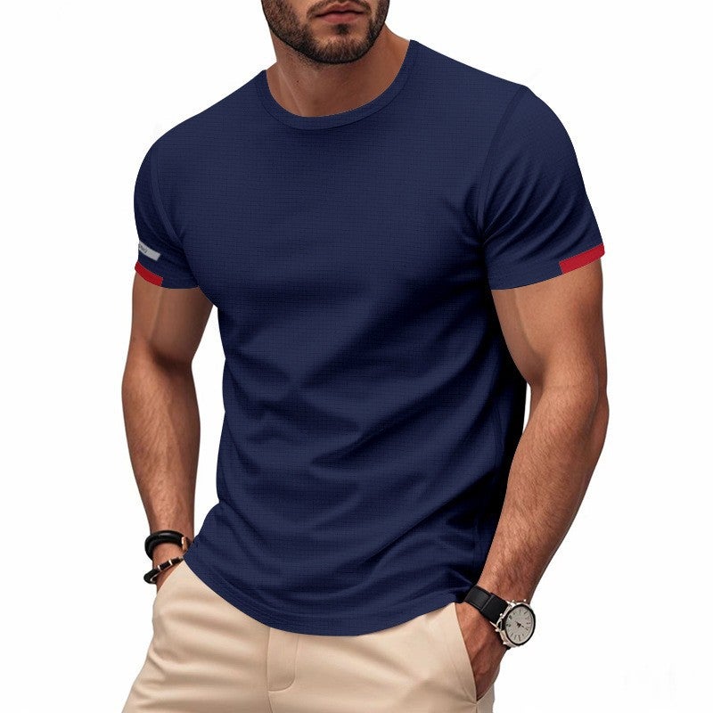 TK Cross-border Hot Sale Mens Sub-size Marathon Election Clothing Quick-drying Sports Night Running Crewneck Casual Advertising Shirt Short-sleeved Navy blue red sleeves