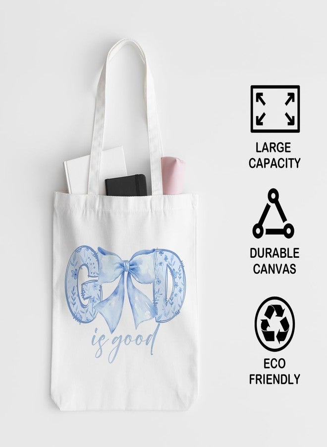 JINYO Coquette Preppy Blue Bow Canvas Tote Bag, God is Good Floral Christian Tote Bags for Women, Faith Based Gifts, 15x15 Inch - Image 5