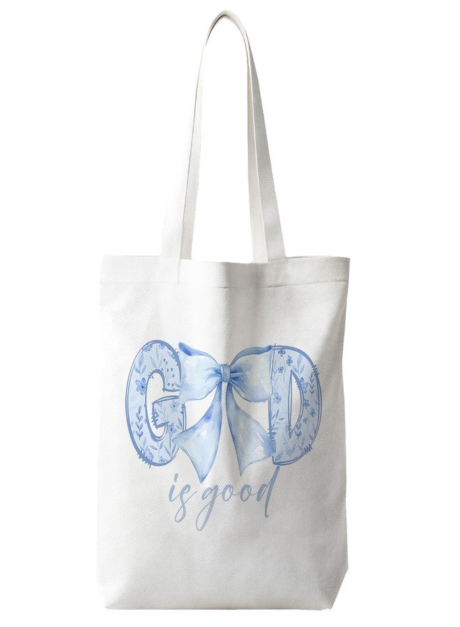 JINYO Coquette Preppy Blue Bow Canvas Tote Bag, God is Good Floral Christian Tote Bags for Women, Faith Based Gifts, 15x15 Inch - Image 1