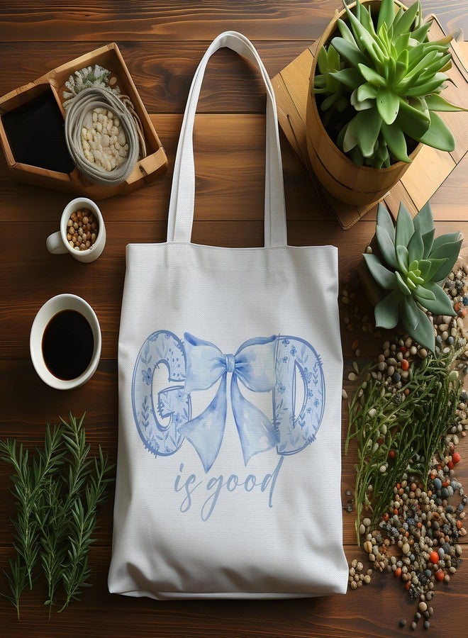 JINYO Coquette Preppy Blue Bow Canvas Tote Bag, God is Good Floral Christian Tote Bags for Women, Faith Based Gifts, 15x15 Inch - Image 4