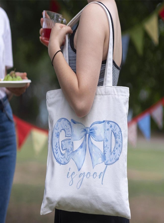JINYO Coquette Preppy Blue Bow Canvas Tote Bag, God is Good Floral Christian Tote Bags for Women, Faith Based Gifts, 15x15 Inch - Image 2