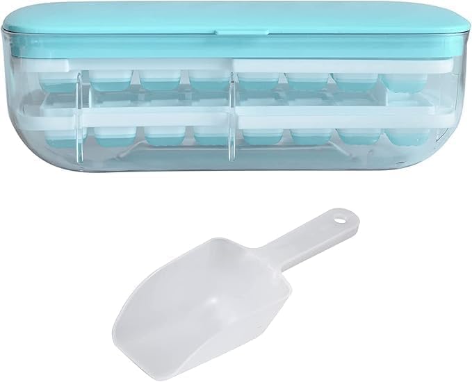 Caltero Silicone Freezer Ice Cube Tray Double Layer 48 Compartment with Lid and Storage Bin Easy Release Ice Container with Scoop for Cocktail Whisky Coffee Blue2024 - Image 1