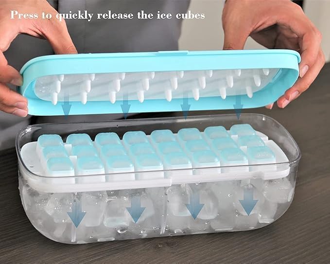 Caltero Silicone Freezer Ice Cube Tray Double Layer 48 Compartment with Lid and Storage Bin Easy Release Ice Container with Scoop for Cocktail Whisky Coffee Blue2024 - Image 3