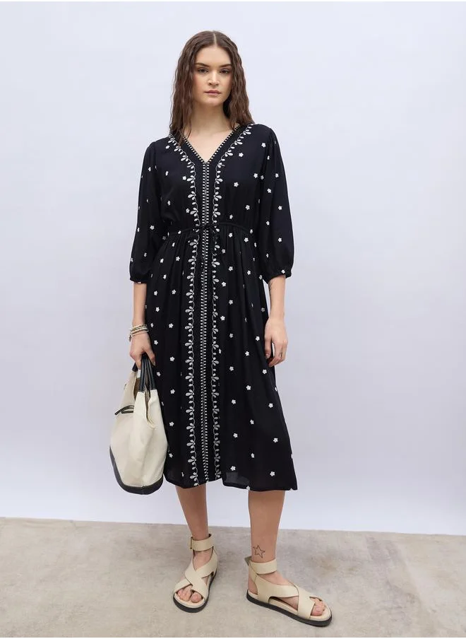 ستايلي Styli Embroidered Balloon Sleeve A-Line Midi Dress
