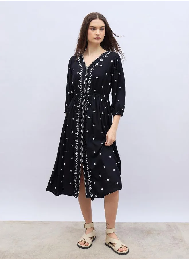 ستايلي Styli Embroidered Balloon Sleeve A-Line Midi Dress