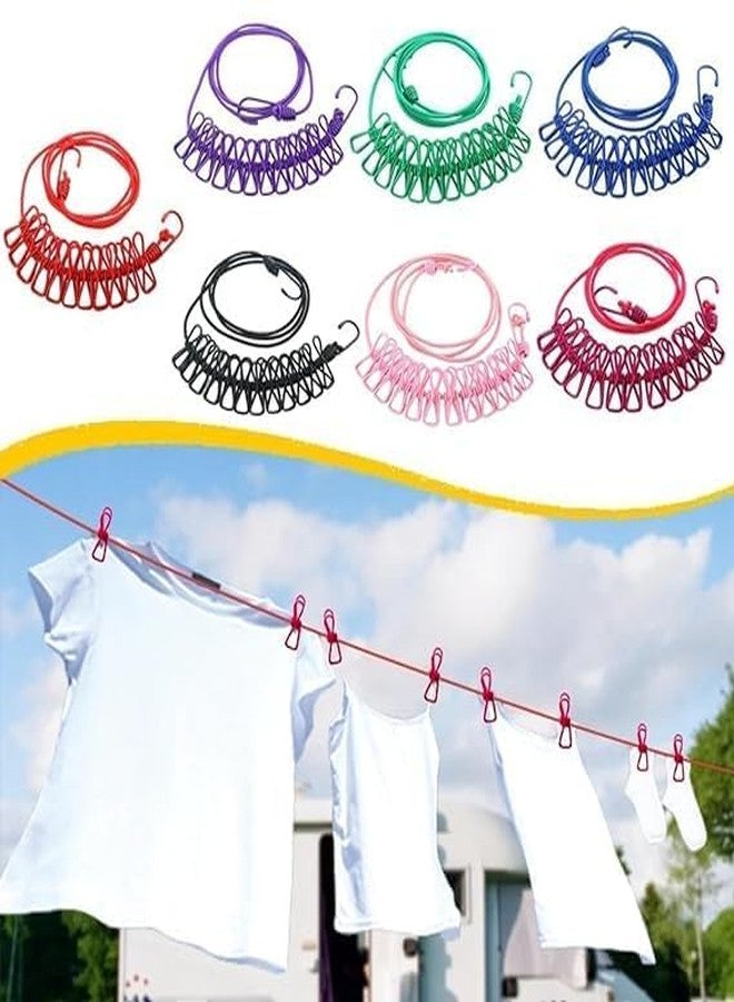 Flere Elastic Cloth Drying Rope with Hooks - Portable Clothesline with 12 Clips for Indoor and Outdoor Drying - Ideal for Travel, Camping, and Home Use Color- Multicolor (Pack of 1) (2) - Image 1