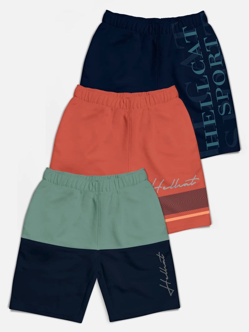HELLCAT Pack of 3 Trendy Typographic Printed Mid Rise Shorts for Boys - Sea Green/Orange/Navy Blue_3-4 Years - Image 2