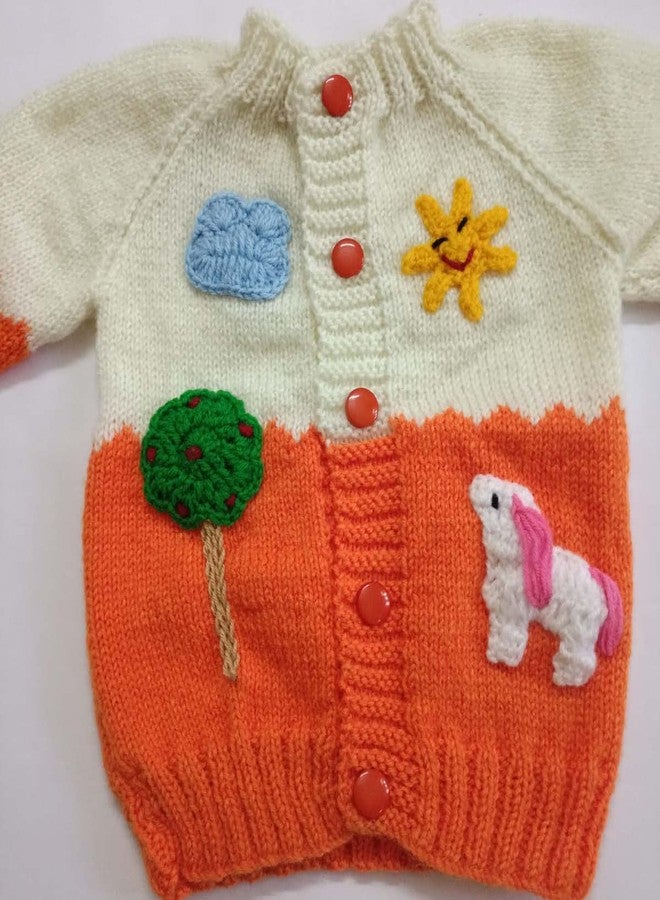 Cute Collection Hand Knitted Woolen Sweater with Cap and Pair of Socks Set for 6 to 9 Months Baby Boys & Girls and New Born Baby (Color, Orange & White) - Image 3