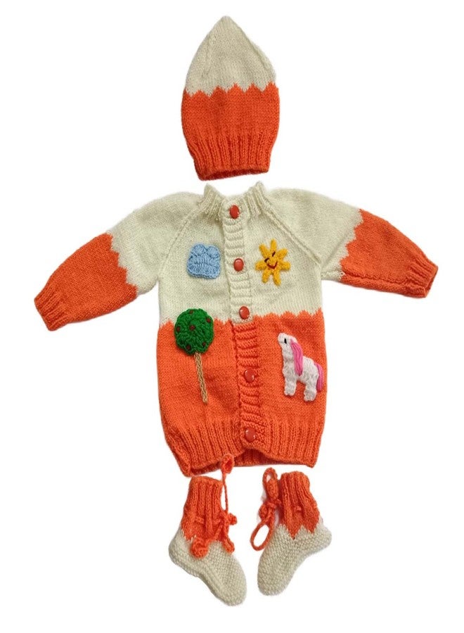 Cute Collection Hand Knitted Woolen Sweater with Cap and Pair of Socks Set for 6 to 9 Months Baby Boys & Girls and New Born Baby (Color, Orange & White) - Image 1