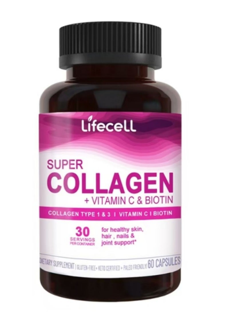 Lifecell NEOCELL, Super Collagen Peptides + Vitamin C & Biotin 3g Collagen Per Serving Gluten Free Promotes Healthy Hair Beautiful Skin, and Nail Support, Dietary Supplement, 60 Capsules  - Image 1