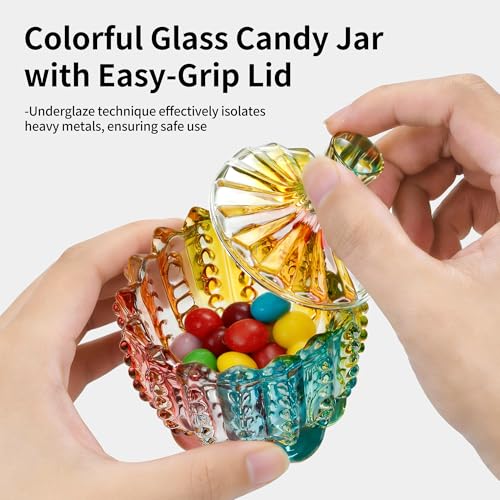 QIANCHANG Colorful Crystal Glass Candy Dish, Decorative Candy Jars with Lids, Cute Apothecary Cookies Jar - Image 2
