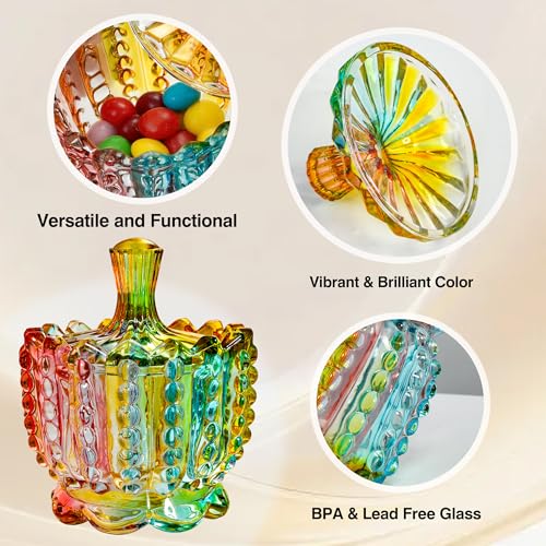 QIANCHANG Colorful Crystal Glass Candy Dish, Decorative Candy Jars with Lids, Cute Apothecary Cookies Jar - Image 3