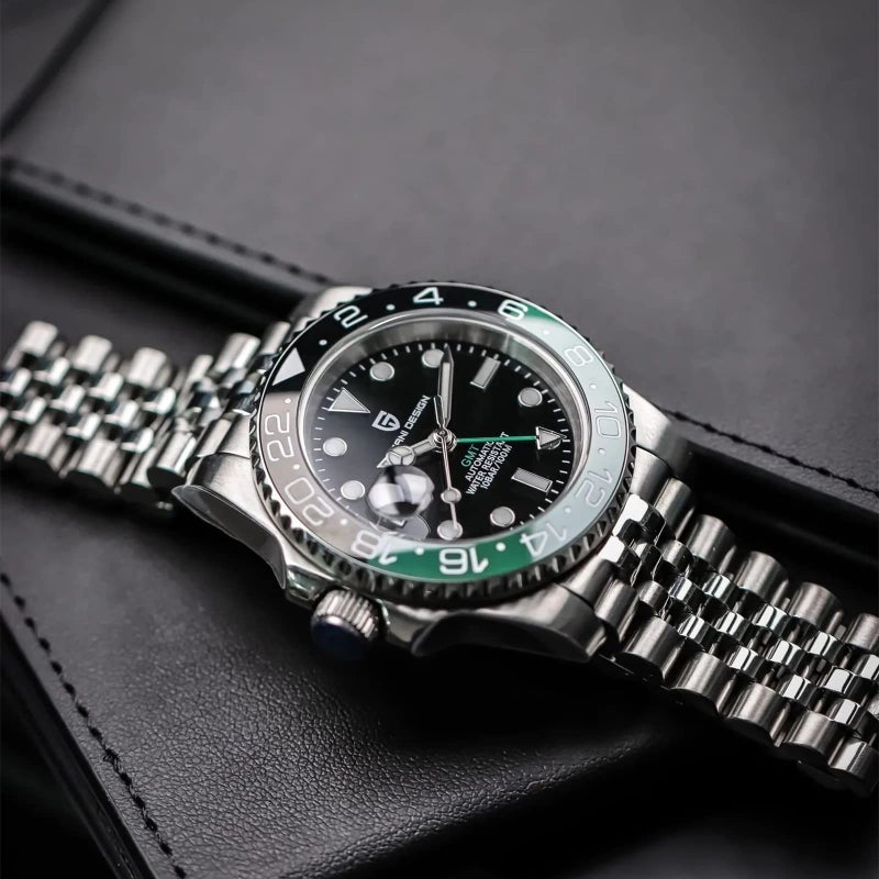 PAGRNE DESIGN ساعة رجال باجاني ديزاين PD-1662 GMT 40MM حركة ميكانيكية أوتوماتيكية تناظرية تاريخ مضيئة زجاج ياقوت صناعي ستانلس ستيل مقاومة للماء حتى 100 متر ساعة معصم للرجال (5 أخضر أسود) - Image 4