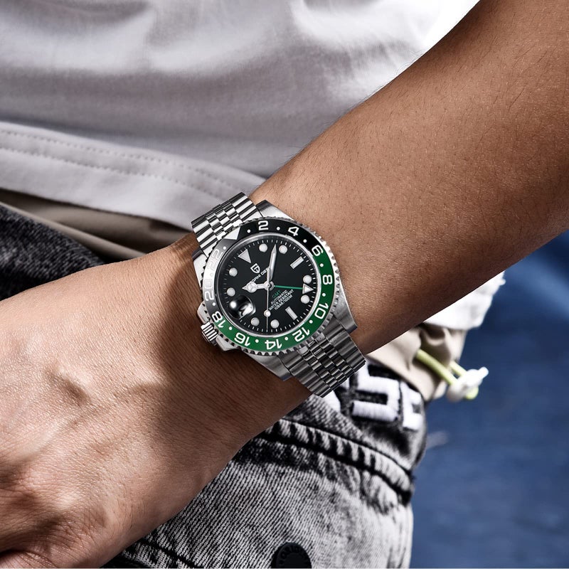 PAGRNE DESIGN ساعة رجال باجاني ديزاين PD-1662 GMT 40MM حركة ميكانيكية أوتوماتيكية تناظرية تاريخ مضيئة زجاج ياقوت صناعي ستانلس ستيل مقاومة للماء حتى 100 متر ساعة معصم للرجال (5 أخضر أسود) - Image 2