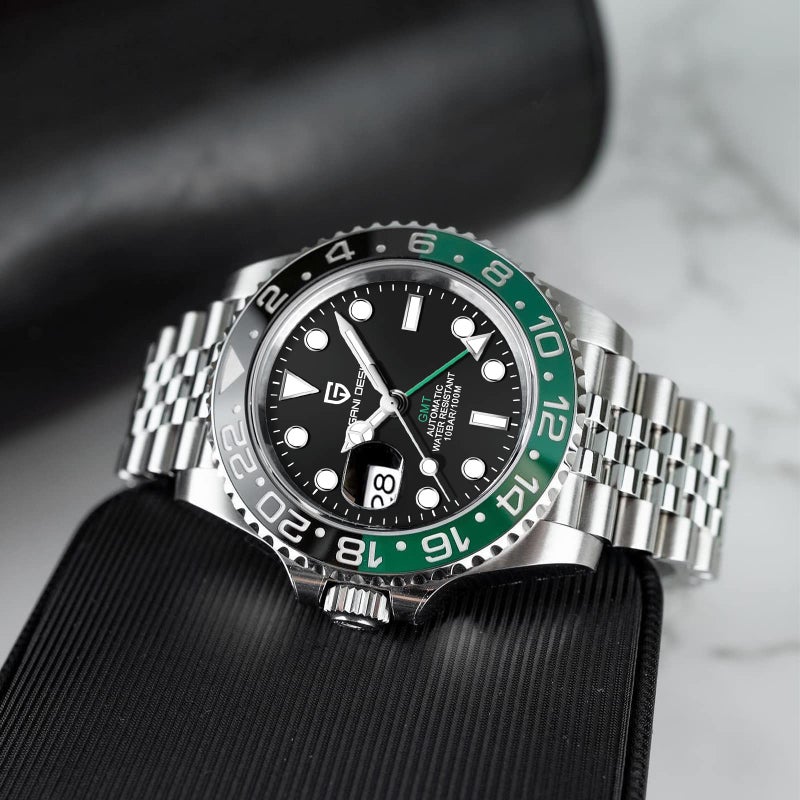PAGRNE DESIGN ساعة رجال باجاني ديزاين PD-1662 GMT 40MM حركة ميكانيكية أوتوماتيكية تناظرية تاريخ مضيئة زجاج ياقوت صناعي ستانلس ستيل مقاومة للماء حتى 100 متر ساعة معصم للرجال (5 أخضر أسود) - Image 5