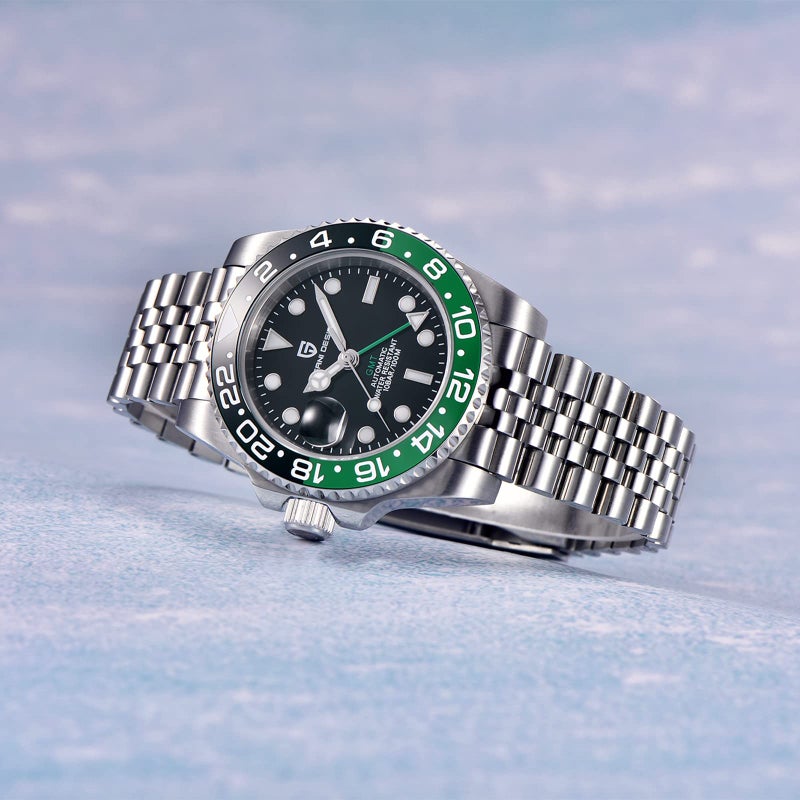 PAGRNE DESIGN ساعة رجال باجاني ديزاين PD-1662 GMT 40MM حركة ميكانيكية أوتوماتيكية تناظرية تاريخ مضيئة زجاج ياقوت صناعي ستانلس ستيل مقاومة للماء حتى 100 متر ساعة معصم للرجال (5 أخضر أسود) - Image 3