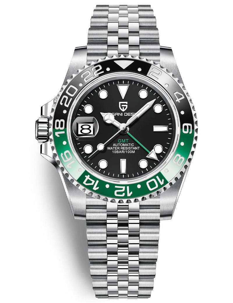 PAGRNE DESIGN ساعة رجال باجاني ديزاين PD-1662 GMT 40MM حركة ميكانيكية أوتوماتيكية تناظرية تاريخ مضيئة زجاج ياقوت صناعي ستانلس ستيل مقاومة للماء حتى 100 متر ساعة معصم للرجال (5 أخضر أسود) - Image 1
