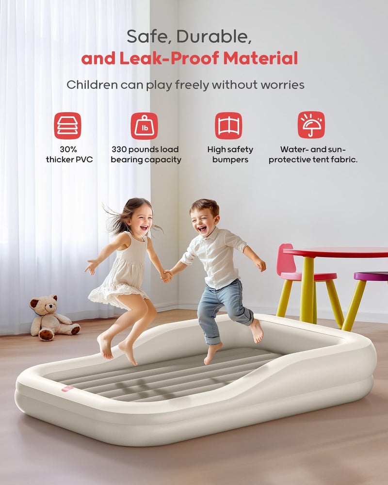 QPAU Inflatable Toddler Travel Bed with Tent, Portable Kids Air Mattress with Safety Sides, Ideal for Home, Grandma's, Camping, Traveling -Includes Fast Electric Pump (Khaki) - Image 3