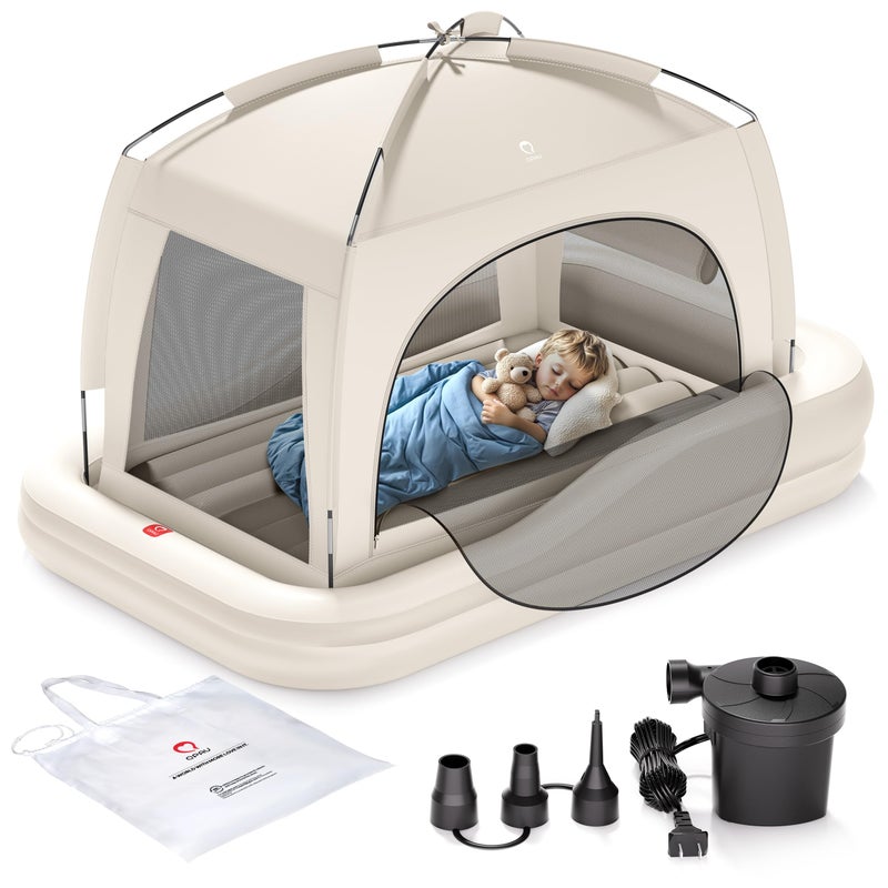 QPAU Inflatable Toddler Travel Bed with Tent, Portable Kids Air Mattress with Safety Sides, Ideal for Home, Grandma's, Camping, Traveling -Includes Fast Electric Pump (Khaki) - Image 1