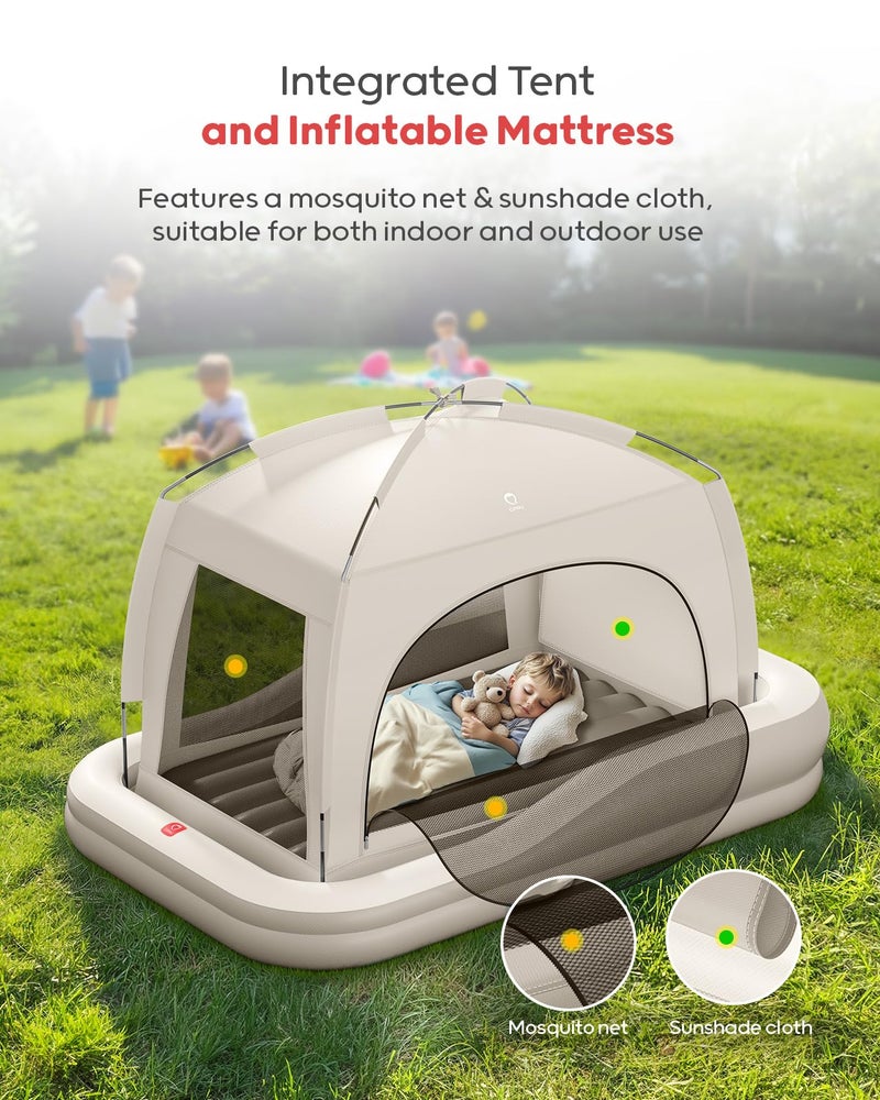 QPAU Inflatable Toddler Travel Bed with Tent, Portable Kids Air Mattress with Safety Sides, Ideal for Home, Grandma's, Camping, Traveling -Includes Fast Electric Pump (Khaki) - Image 2