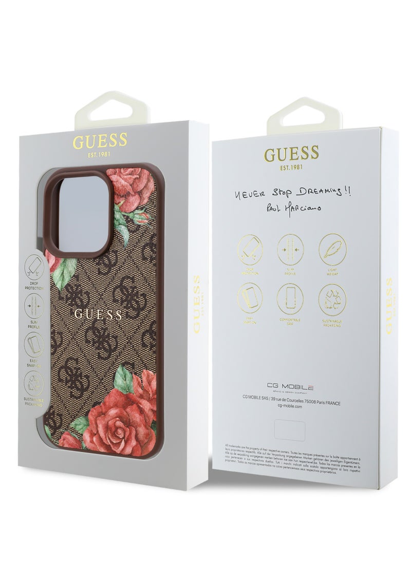 GUESS iPhone 16 Pro Case PU 4G Hard Cover with Roses and Metal Logo / Shock Absorption / Raised Bezels / Slim and Lightweight Back Cover - Brown  - Image 3