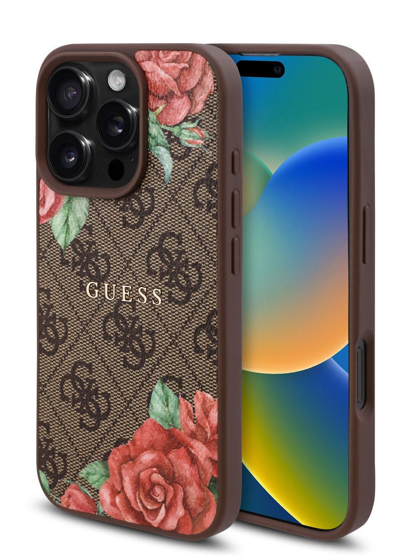 GUESS iPhone 16 Pro Case PU 4G Hard Cover with Roses and Metal Logo / Shock Absorption / Raised Bezels / Slim and Lightweight Back Cover - Brown  - Image 1