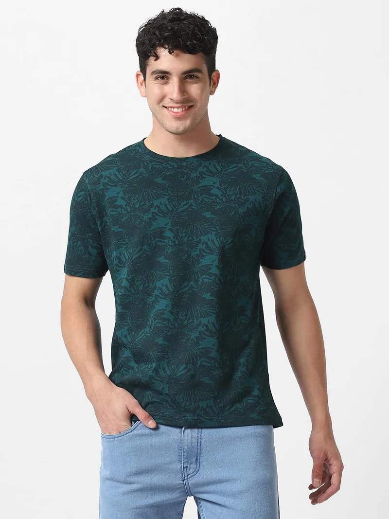 Urbano Fashion Men's Dark Green Printed Half Sleeve Slim Fit Cotton T-Shirt