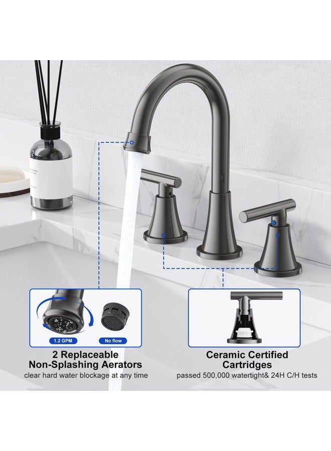 Hurran Bathroom Faucets for Sink 3 Hole, Hurran 8 inch Widespread Brushed Grey Bathroom Sink Faucet with Pop-up Drain and Supply Hose, Stainless Steel Lead-Free Faucet for Vessel Sink Vanity RV - Image 4