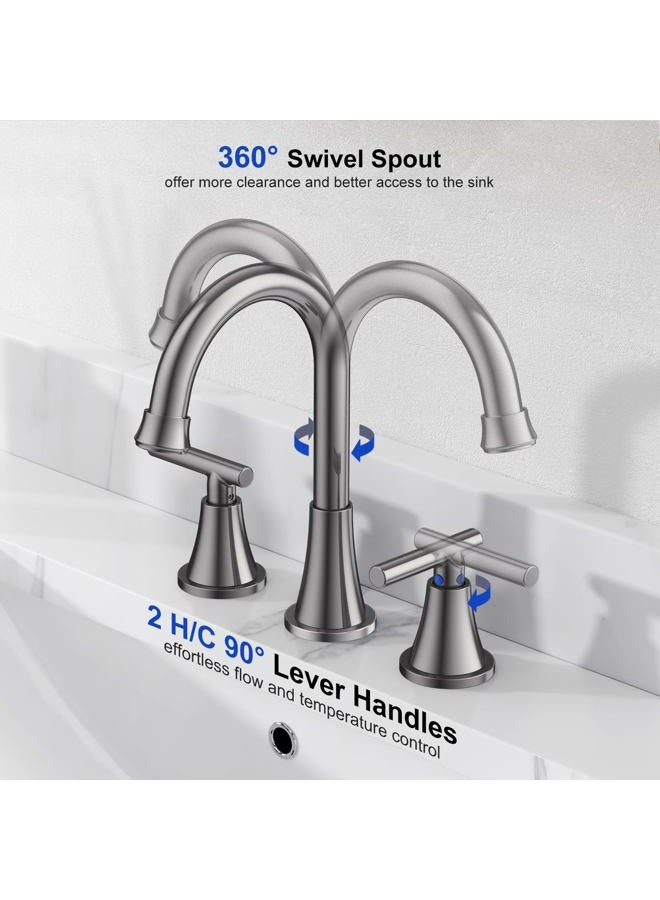 Hurran Bathroom Faucets for Sink 3 Hole, Hurran 8 inch Widespread Brushed Grey Bathroom Sink Faucet with Pop-up Drain and Supply Hose, Stainless Steel Lead-Free Faucet for Vessel Sink Vanity RV - Image 3