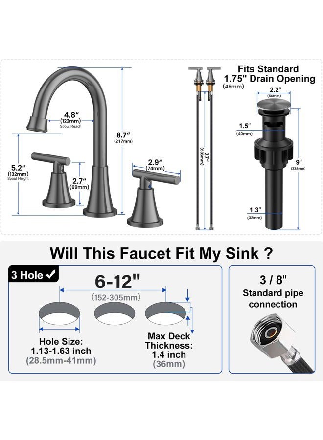 Hurran Bathroom Faucets for Sink 3 Hole, Hurran 8 inch Widespread Brushed Grey Bathroom Sink Faucet with Pop-up Drain and Supply Hose, Stainless Steel Lead-Free Faucet for Vessel Sink Vanity RV - Image 5