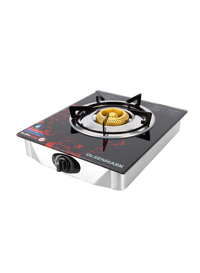 Olsenmark Gas Cooker Glass Top Single Brass Burner with Enamel Grate and Stainless-Steel Drip Pan, Low Energy Consumption and Efficient, Auto Ignition System OMK2226Z Black/Silver/Red - Image 4