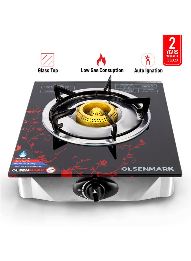 Olsenmark Gas Cooker Glass Top Single Brass Burner with Enamel Grate and Stainless-Steel Drip Pan, Low Energy Consumption and Efficient, Auto Ignition System OMK2226Z Black/Silver/Red - Image 1