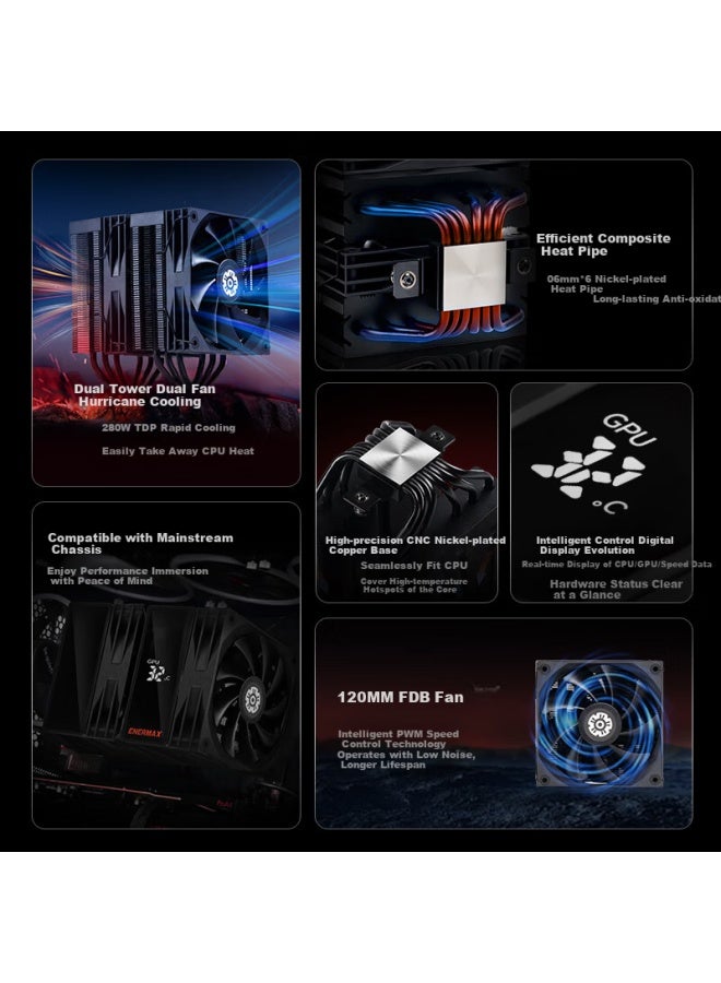 Enermax Td60d Air Cooler With Intelligent Digital Display, Composite Heat Pipes, Nickel-plated Copper Base, Pwm Fan, 280w Tdp - Image 1