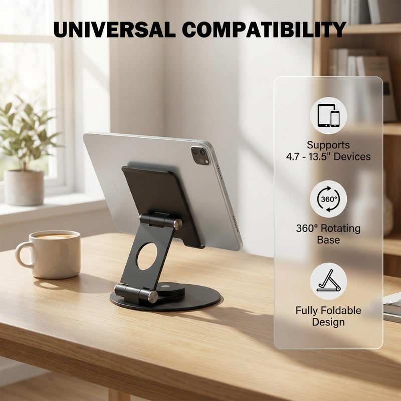 KABCON Swivel Tablet Stand, Aluminum Portable 360Â°Rotating Holder for Desk,Business,Kitchen,Desktop,Table Stand for iPad Pro 9.7,10.5,12.9/Air Mini,Tab,Fire,Nexus,E-Reader-Black - Image 3