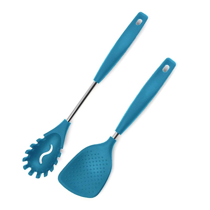P-Plus International Slotted Spoon - Rice Spoon - Spoon Fork - Rice Spatula - Pasta Server - Flatware Rice Scooper - Spagethi Server - Service Spoon - Silicone Noodle Spatula - Punja (Set of 2, Blue) - Image 1