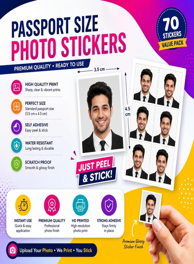 JOGIDO Custom Passport Size Photo Stickers, Send Your Photos - Pre-Cut, Self-Adhesive, High Gloss & Water Resistant, Instant & Quick Attach, Professional Quality- Upload Your Photo Now - (Pack of 70) - Image 2