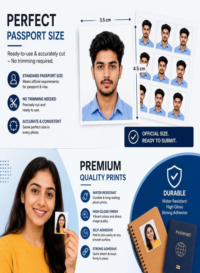 JOGIDO Custom Passport Size Photo Stickers, Send Your Photos - Pre-Cut, Self-Adhesive, High Gloss & Water Resistant, Instant & Quick Attach, Professional Quality- Upload Your Photo Now - (Pack of 70) - Image 3