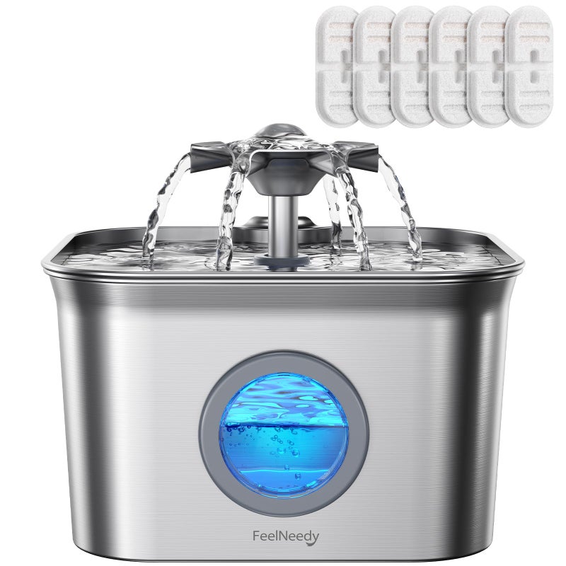FEELNEEDY Stainless Steel Cat Water Fountain, 2.8L with 20dB Ultra-Quiet Pump- Ideal for Timid Pets, LED Water Level Window, Dishwasher Safe, 24/7 Circulation- Includes 6 Replacement Filters - Image 1
