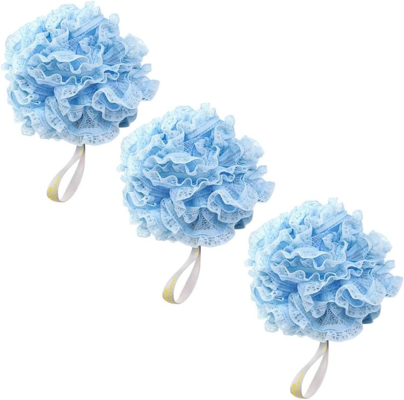 TIDTALEO 3pcs Blue Pattern Bath Mesh Poufs Exfoliating Shower-Bath Scrubber Sponge Balls for Women and Men, Gentle Body Scrubbers Suitable for Daily Bathing - Image 1