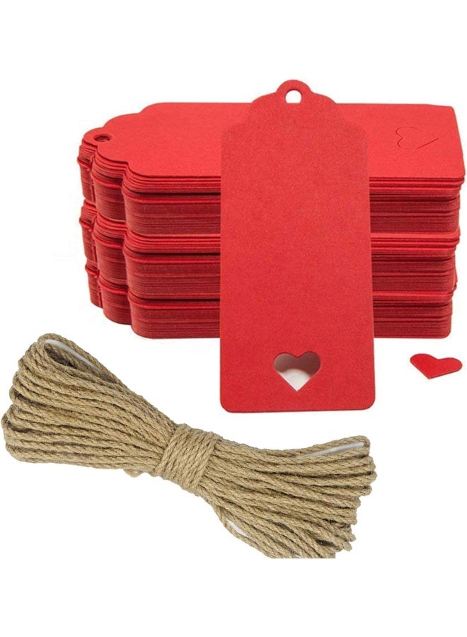 Premify 200  Pieces Red Kraft Paper Gift Tags With 25M Natural Jute Twine | Gifts Wrap With These Rectangle Hollow Heart Hang Labels - Ideal Tag For Use On Birthdays Wedding - Image 1