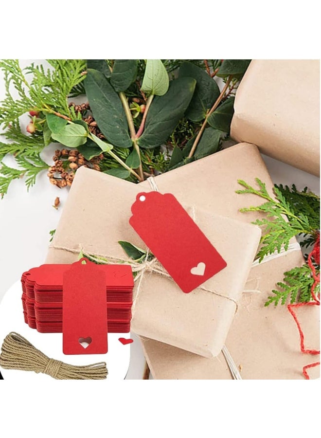 Premify 200  Pieces Red Kraft Paper Gift Tags With 25M Natural Jute Twine | Gifts Wrap With These Rectangle Hollow Heart Hang Labels - Ideal Tag For Use On Birthdays Wedding - Image 4