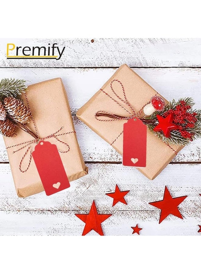 Premify 200  Pieces Red Kraft Paper Gift Tags With 25M Natural Jute Twine | Gifts Wrap With These Rectangle Hollow Heart Hang Labels - Ideal Tag For Use On Birthdays Wedding - Image 3