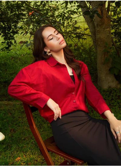 كامبوس سوترا Women's Crimson Red Solid Oversized Shirt