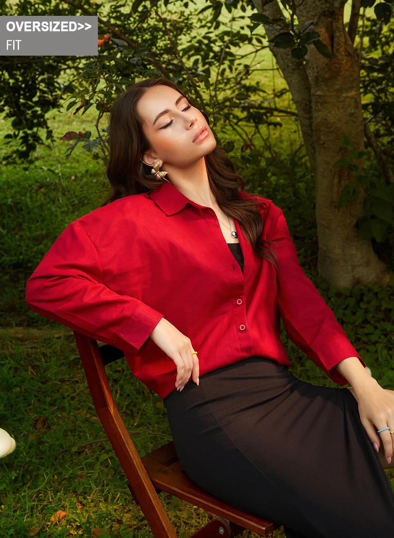 Campus Sutra Campus Sutra Women's Crimson Red Solid Oversized Shirt For Casual Wear | Spread Collar | Long Sleeve | Button Closure | Oversized Shirt Crafted With Comfort Fit For Everyday Wear