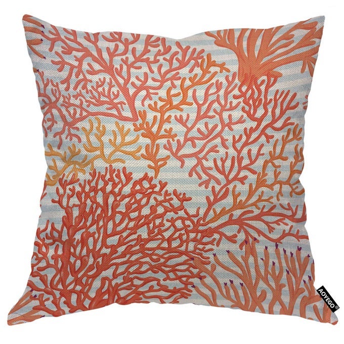 MARINE SEA WORLD CORALS THROW PILLOW COVER NATURE REEF BLUE AND WHITE STRIPES PILLOW CASE 18X18 INCH DECORATIVE COTTON LINEN SQUARE CUSHION FOR HOME COUCH BED