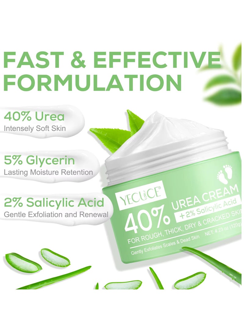 Yecuce 40% Urea Cream for Cracked Feet & Hands with 2% Salicylic Acid 120g Urea Cream for Dry Skin Moisturizer Cream Callus Remover Foot & Hand Cream Care Lotion Nourishes Repairs & Soften Skin  - Image 2